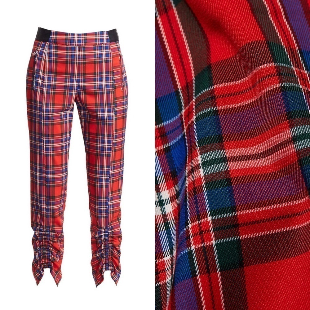 TANYA TAYLOR Tartan Plaid Check Lamb Leather Trim Ruched Ankle Crop Trousers 14 - Picture 9 of 10